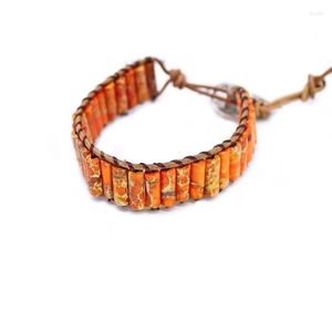 Strand Natural Stone Orange Emperial Bracelet Tube Handmade Beads Leather Wrap Jewelry Couples Bracelets Creative Gifts