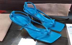 Diseñador de moda de lujo para mujer, sandalias elásticas con correa en V y tacón alto, 9 cm, azul cielo, blanco, negro, cuero genuino 5922118