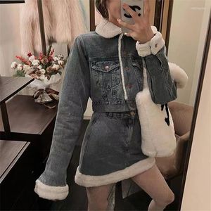 Work Dresses Winter Fashion 2 Pieces Wool Padded Denim Suits Chic Thick Short Jacket&High Waist Mini Skirt 2pc Retro Blue Jeans Matching