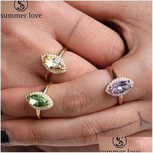 Bandringe Trendy Olive Form 3 Farben für Frauen Gelb Lila Grün Hohe Qualität Engagement Zirkon Hochzeit Schmuck Zubehör Drop Dhufx