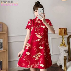 Casual Dresses M-4XL 2022 Nyårsröd sommar Trend Street Fashion Modern Cheongsam A-Line Dress Women Qipao Traditionella kinesiska kläder L230520