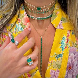 Halsketten Baguette grün weiß Zirkonia CZ Tennis Halsband Halskette 32+10cm Goldfarbe Luxus Damen trendiger Schmuck
