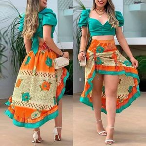 Two Piece Dress Casual Suit FullPrint Puff Sleeve Croped Top med kjol 230519