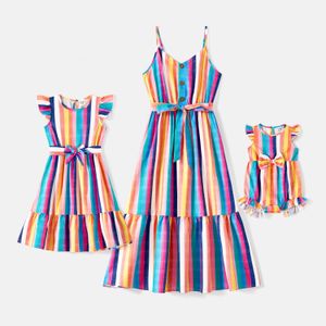 Tshirts PatPat Mommy and Me Colorful Striped Sleeveless Belted Dresses 230519