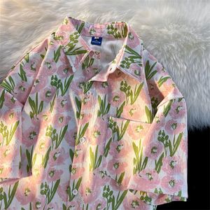 Womens Blouses Shirts Vintage Fashion Flower Print Button Up Shirt Women Summer Casual Short Sleeve Streetwear Woman Harajuku 230519