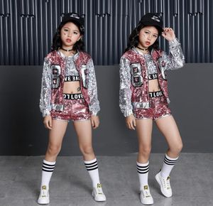 Tammy Ada Kids Girl Sequin Dancing Pink Silver Jacket Coat Crop Top Shorts 3pcs Sets Hiphop Jazz Dance Clothes Children Sets Y1811149721