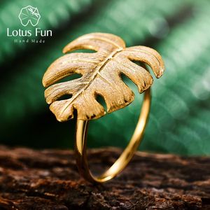 Ringe Lotus Fun Echtes 925er Sterlingsilber Natürlicher Designer-Edelschmuck 18 Karat Gold Monstera-Blätter Ring Verstellbare Ringe für Frauen Bijoux