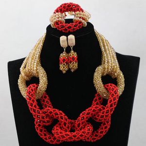 Halsband örhängen set röda nigerianska bröllop afrikanska pärlor smycken kristall kvinnor kostym wd024