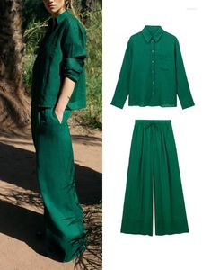 Women's Two Piece Pants Sets Women 2023 Spring Autumn 2 Linen Shirt Wide Leg Women's Suit Green Casual Pieces Set Womens Outfits