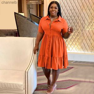 Casual Dresses CM.yaya Plus Size Women Short Sleeve Single Breasted Ruffles Hem Big Swing Smock Shirt Dress 2022 Summer Elegant Orange Dresses L230520