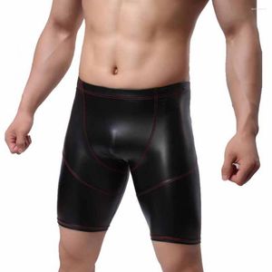 Herrbyxor män trosor mitten av ris u konvex sömnad höft lyft mager sexiga faux läder shorts underbyxor