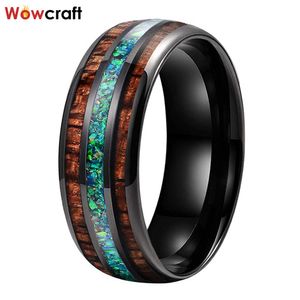 Rings 8mm Green Crushed Opal Koa Wood Inlay Black Tungsten Wedding Band Engagement Promise Ring Domed Polished Shiny Comfort Fit