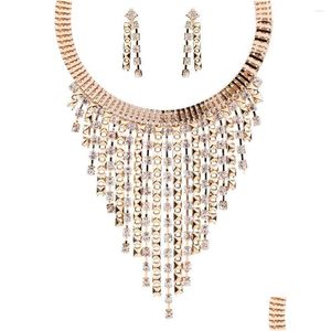 Earrings Necklace Set Fashion Gold Plated Jewelry Layered Cubic Zirconia Tassel Long And Choker For Women Drop Delivery Set Dhgarden Dhurz