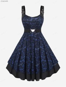 Casual Dresses Rosegal Plus Size Vintage Floral Lace Jacquard Buckled Straps Dress with Belt Deep Blue Fashion Party Holiday Dresses Vestidos L230520