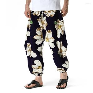 Pantaloni da uomo Fiori Stampa Biforcazione Harem Uomo 2023 Mens di marca Pantaloni larghi in cotone e lino Harajuku Pantaloni sportivi tradizionali vintage maschili