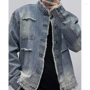 Men's Jackets Vintage Denim Jacket Men Long Sleeve Streetwear Pockets Trench Coat Spring Autumn Overcoat Fur Trim Coats