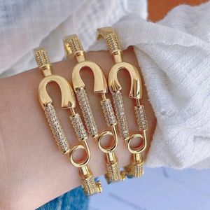 Bracelets 5pcs/lot Fashion plated gold bangle unique pin shape cz bangles fine brooch shape bangle jewelry wholesale