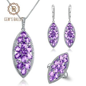 Uppsättningar Gem's Ballet 925 Sterling Silver Natural Amethyst Ringörhängen Pendant Set Handmade Petal Floral Smycken Set for Women Wedding