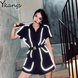 Kvinnor Jumpsuits Rompers Gothic Hip Hop Reflective Strip Middle Zipper Turtleneck PlaySuit Women Fall Streetwear Pocket Belt rakt 230520