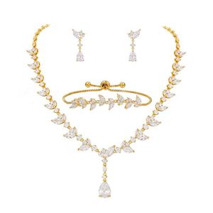 Set di 3 orecchini pendenti con collana a forma di V con zirconi cubici e bracciale con ginocchiera, gioielli per la festa di nozze