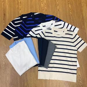 2023 New Women's T-Shirts Spring and Autumn Stripes Solid Color T-Shirt Knitted Embroidery Short Sleeve Round Neck Pullover Women's Clothing