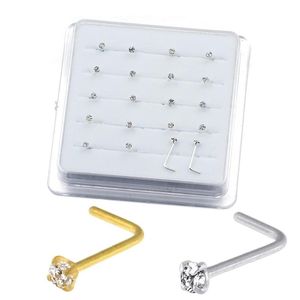Jewelry 20PCS/Box Sterling L Shape Nose Stud Ring 2mm Clear Crystal Nose Piercing Body Jewelry