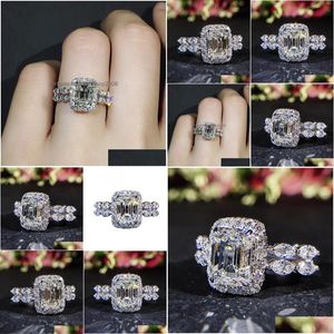 With Side Stones Square Zircon Princess Diamond Ring Geometric Shape Inlay Engagement Wedding Rings For Women Fashion Jewelry Drop De Dhy8Y