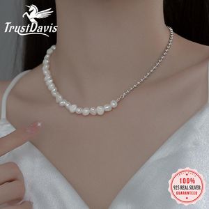 Halsband Trustdavis Authentic 925 Sterling Silver Necklace Luxury Natural Pearls Chain Links Halsband för kvinnor Bröllopsmycken DA2574