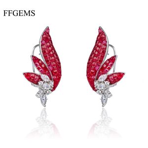 Stud ffgems Yeni Tasarım 925 Gümüş Damla Büyük Küpe Çiçeği Oluşturdu Nano Ruby Emerald Görünmez İnce Mücevher Kadın Düğün Hediyesi