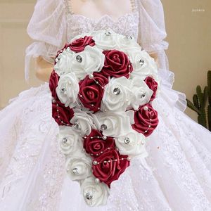 Decorative Flowers 1PC/LOT Waterfall Wedding Bouquet Bride Bridesmaid Pearl Rhinestone PE Rose Flower For Marriage