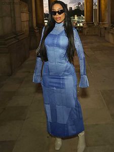 Casual klänningar konstiga puss y2k falska denim kvinnor klänning vintage turtleneck flare hylsa mager maxi bodycon streetwear casual full trend vestidos l230520