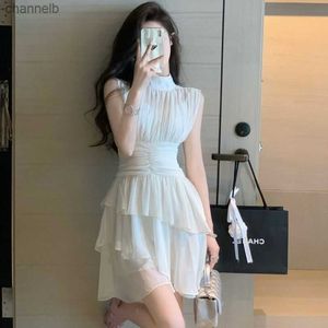 Casual Dresses Y2K Fashion Trend White Irregular Sleeveless Cake Dress Princess Tunic Waist Chiffon Tutu Mini Dresses for Women 2022 Summer L230520