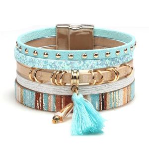 Bracelets de charme Kirykle Tassel Pingente multilayer para mulheres corda metal bohemian fêmea de couro largo Braceletscarm