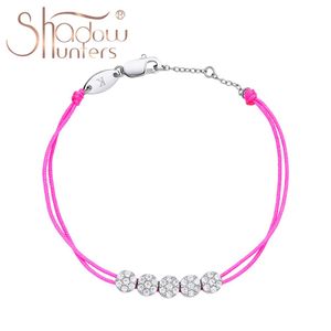 Bangle Shadowhunters Autêntico 925 Sterling Silver Hot Pink String Pulseira Move Ball Charms Pulseiras com Zircon Trendy Femme Jóias