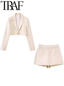 Kvinnors två bitar byxor traf kvinnor beskurna blazer hösten beige 2 sätter avslappnad långärmare jacka kostymer blixtlås skorts shorts femme chic elegant 230520