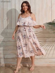 Sukienki swobodne Finjani kwiatowy nadruk zimny ramię w lakierze sukienki Plus Size Summer Summer High talia cami nawet sukienka L230520