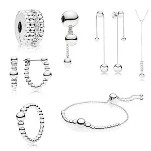 Bangle 100% 925 Sterling Silver New String of Beads Collection Ring Hoop Earrings Necklace SLIDING BRACELET Hanging Charm