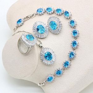 Collana in argento 925 con topazio azzurro set di gioielli da sposa per donne, orecchini, collana, anello, braccialetti con pendente