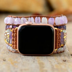 Armbänder Einzigartige Natursteine Lila Jade Aple Uhrenarmband Perlen 5 Wickel Vegan Braun Kordel Seil Uhrenarmband Handgelenk Armband Großhandel