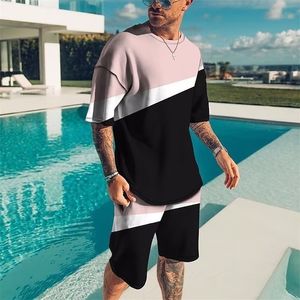 Mens Tracksuits Clothes TShirt Suits 3D Print Color Block Design Round Neck Outdoor Street Short Sleeve Clothing Apparel 2 Pieces 230520