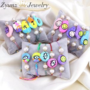 Pulseiras 5 PCS Vintage Pérolas de Água Doce Pulseiras para Mulheres Handmade Esmalte Smiley Face Olho Boho Jóias Mulheres Corda Macrame Pulseira