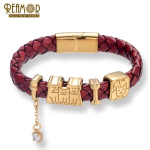 Pulseira reamor bonito animal de estimação casal encantos pulseira mulheres aço inoxidável cor de ouro cão gato pulseiras de couro genuíno homens femme jóias