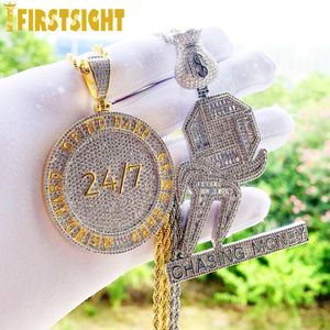 Necklaces Iced Out Bling CZ Letter Grind Hard 24/7 Pendant Necklace Cubic Zirconia Letters Badge Charm Women Men Fashion Hip Hop Jewelry