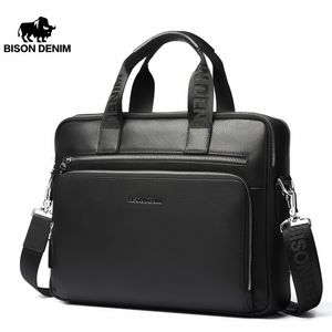 Briefcases BISON DENIM Men Bag Genuine Leather Briefcases14" Laptop Bag Men's Business Crossbody Bag Messenger/Shoulder Bag For Man N2333-3 230520