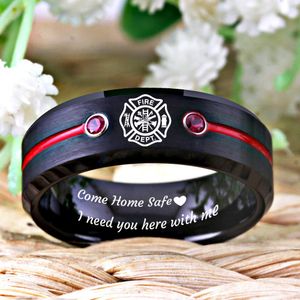 Collane Firefighter Design Fireman Rings Fire Police Ring Anello di tungsteno nero con scanalatura rossa CZ Anniversario