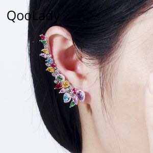 Stud QooLady Luxury Multicolor Cubic Zircon Asymmetrical Climber Long Ear Cuff Stud Earrings for Women Wedding Statement Jewelry E181