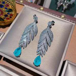 Knot 2022 Classic Women Feather Shape Paraiba Stones örhängen Silverfärg Vintage Tassel Long Earring Party Jewelry Gifts