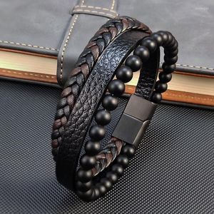 Charm Bracelets Fashion Black Coffee Mixed Hand Leather For Women Men Natural Stone Beaded Bracelet Couple Jewelry Gift