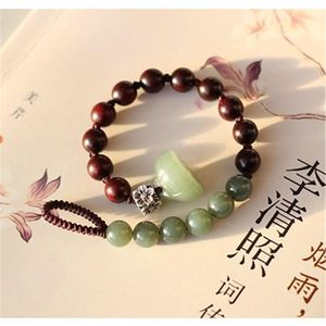 Bangle Natural Verde Hetian Jade Pterocarpus Striata Frisado Pulseira Feminina Handmade Lotus Budismo Estilo Étnico Charme Bangle Jóias