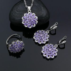 Uppsättningar 925 Sterling Silver Bridal smycken Set för kvinnor Purple Cubic Zirconia Crystal örhängen/Ring/Pendant/Necklace Set